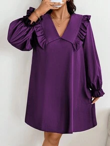 EMERY ROSE Plus Size Women's Elegant Romantic Cute Simple Solid Color Peter Pan Collar Ruffle Sleeve Loose Dress, Spring/Autumn - Purple - View 5