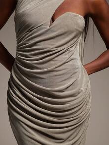 Hauture Vestido largo de mujer con drapeado asimétrico, fruncido, silueta ajustada y bajo de sirena con faja - Caqui - Ver 5