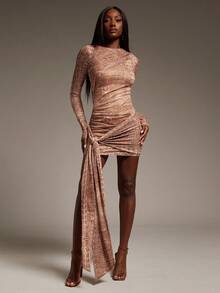 Hauture Fall Sexy Animal Print Mini Dress – Mob Wife Party Boat Neck & Front Sash Long Sleeve Dress - Multicolor - View 1