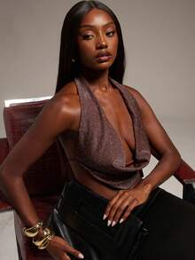 Hauture Sexy Glitter Rhinestone Backless Cowl Halter Top – Elegant Night Out & Party Bodycon Top - Brown - View 4