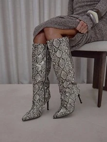 MUSERA Snake Print Faux Leather Pointed Toe Heeled Boots For Christmas - Grey - View 1
