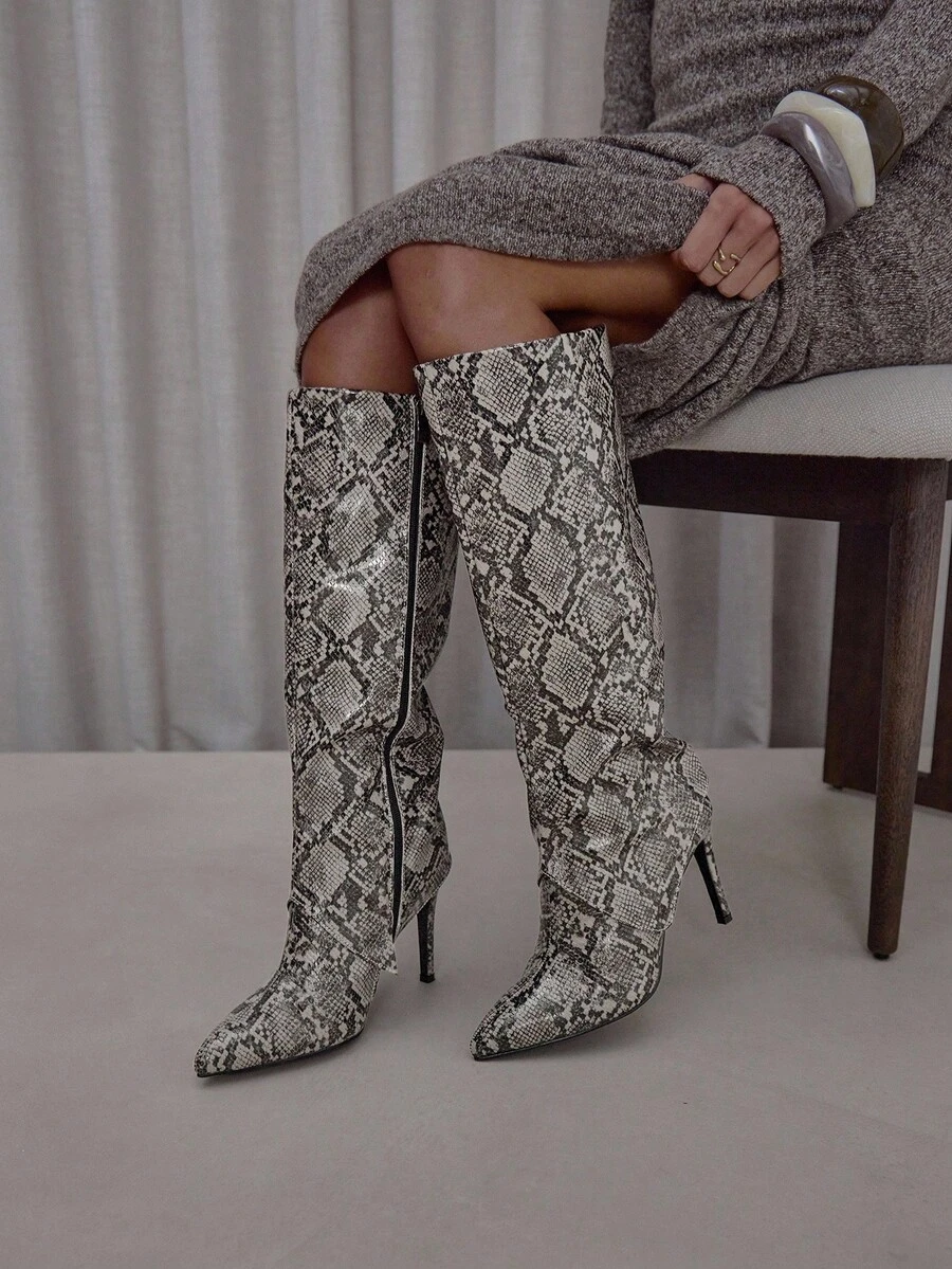 MUSERA Snake Print Faux Leather Pointed Toe Heeled Boots For Christmas - Grey - View 1