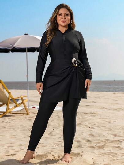 Swim Mulvari 3pcs Plus Size Women Modest Swimsuit Set With Long Sleeve Top, Pants And Skirt, Slimming