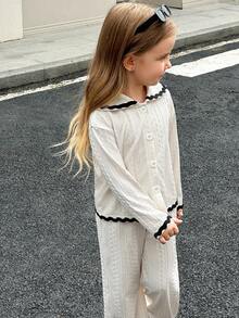 Young Girls Casual Floral Pattern Collared Long Sleeve Cardigan Top Paired With Pants T-Shirt Set - Apricot - View 5