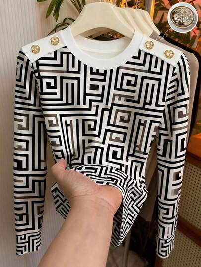 GlowEve Camiseta de mujer de cuello redondo de manga larga, elegante, de uso diario, de moda, de estilo francés, vintage y versátil, para fiesta, vacaciones y negocios casuales, de otoño/invierno