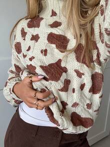 SHEIN EZwear New Fall Brown Sweater Women Clothes Old Money Autumn Women's Casual Stand Collar Milk Texture Sweater, Autumn/Winter Cow Print Sweater Brown Sweater Women Winter Sweater Fall Sweater,Leopard Print Top - Brown - View 4