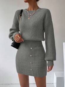 EMERY ROSE Women's Solid Color Round Neck Drop Shoulder Long Sleeve Button Design Fitted Knit Dress, Autumn/Winter - Grey - View 6