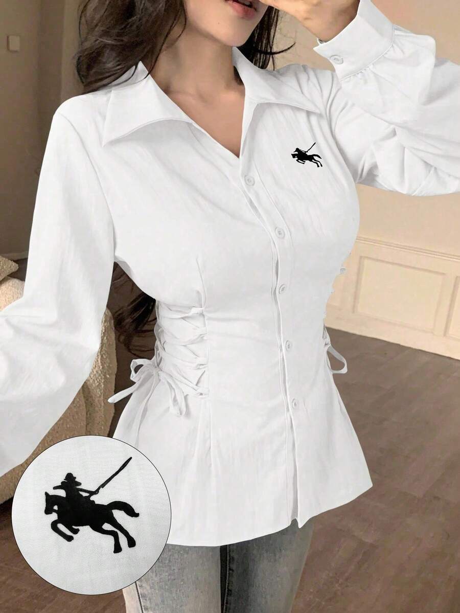 Modelyn Blusa feminina branca outono/inverno com gola e cordão na cintura, elegante