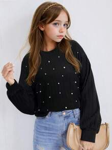 SHEIN Serisse Kids 少女针织毛绒罗纹铆钉圆领宽松休闲长袖T恤，可爱黑色上衣，冬季舒适保暖，适合日常穿着、庆祝活动、秋冬季节，轻松舒适，秋冬季叠穿，时尚百搭 - 黑色 - 查看 3