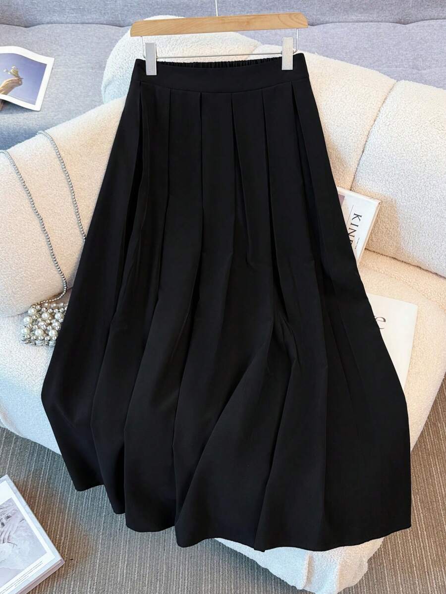 SHEIN PETITE CURVE 大码女式优雅褶皱长裙，适合开学季、毕业典礼、节日、情人节、音乐节、母亲节、万圣节、感恩节、复活节、国庆节、舞会、约会、派对、婚礼、郊游等。 - 黑色 - 查看 1