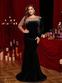 Glamrae Abito lungo elegante e romantico con patchwork in velluto nero, decorato con perline di lusso, maniche lunghe asimmetriche e orlo a sirena con strascico, adatto per matrimoni, feste, celebrazioni e occasioni formali - nero - Visualizzare 4