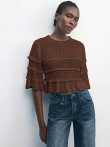 Maija 女士纯色短款荷叶边针织上衣，基础款毛衣，适合都市通勤、商务休闲、办公室穿着，优雅百搭，也适合圣诞派对、新年等场合，棕色沙滩风，女士时尚圣诞系列