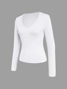 INAWLY 女式纯色常规肩长袖修身休闲V领T恤 - 白色 - 查看 6