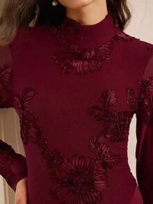 SHEIN Clasi 女式提花立领网眼长袖优雅连衣裙 - 酒紅色 - 查看 7