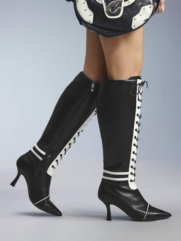 CUCCOO GRLICON Women's Fashion Commuter Color Block High Heel Over-The-Knee Boots, Suitable For Halloween, Christmas, Party, Y2K, Punk, Biker Style