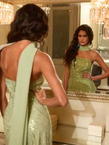 Opulessa Women's Elegant Sexy Green Sequin Decor Maxi Dress With Flowing Sash,Winter Clothes For Women,Christmas New Year Outfit,Thanksgiving,Elegant Party,Luxury Evening Dresses For Weddings,Autumn/Winter Graduation,Holiday Club Outfits, Chic Autumn,Going Out Outfit,Dresses For Women Elegant