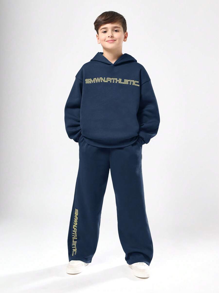 SUMWON Bộ quần áo hoodie và quần jogger cho bé trai tuổi teen, áo chui đầu, áo nỉ, quần dài, trang phục mùa đông - Màu xanh hải quân - Xem 1