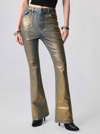 Grunge Punk Jeans de tiro bajo y pierna acampanada con estampado de lámina de oro para mujer, estilo Y2K