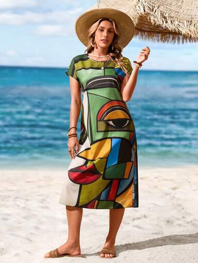 Summer Women Abstract Face Print Round Neck Batwing Sleeve Casual T-Shirt Dress,Vacation