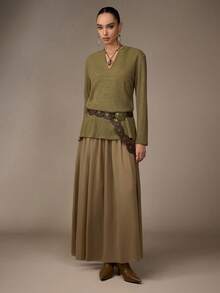 Modelyn Women's Knit Patchwork Chiffon 2 In 1 Vintage Long Dress, Casual Wear For Autumn