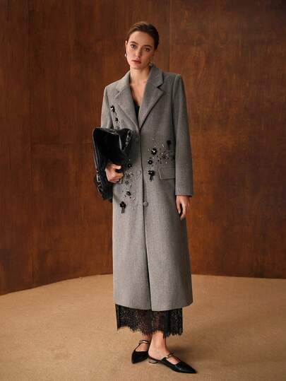 ELEGANT SEQUIN EMBROIDERY LAPEL COLLAR OVERCOAT