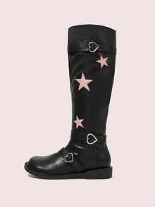 CUCCOO DOLLMOD Women's Mid-Calf Boots With Star & Heart Buckle Decor, Cute & Versatile - Black - View 2