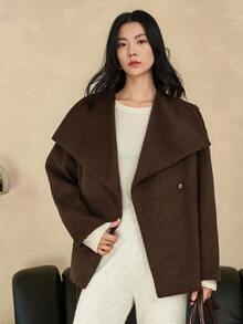 Dazy-Less 女士优雅时尚厚款短款棕色羊毛混纺休闲商务外套，秋冬 - 棕色 - 查看 4