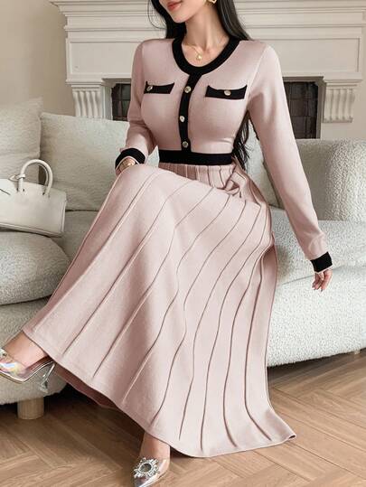 DAZY 女式优雅拼色圆领毛衣裙，秋季