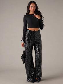 SHEIN BAE Women's Fashionable Party Sequin Wide Leg Pants - Black - View 6