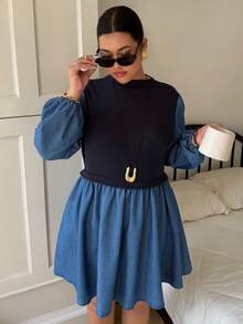 SHEIN CURVE+ Vestido de punto de talla grande con parches de mezclilla azul oscuro para otoño/invierno, vestido de Navidad, vestidos elegantes para mujer, ropa de Año Nuevo, ropa de Navidad - Azul lavado medio - Ver 6