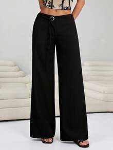 Solflare Plus High Waist Knot Side Wide Leg Pants - Black - View 3