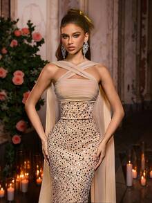 Glamrae Elegant Apricot Luxurious Three-Dimensional Sequined Satin Stitching Tube Top With Cross-Shoulder Halter Neck And Floating Pieces, High Waist And Slim Straight-Cut Hip-Hugging Maxi Dress, Suitable For Dating, Vacation, Bachelorette Party, Wedding Event, Christmas And New Year's Elegant And Gorgeous Evening Dress