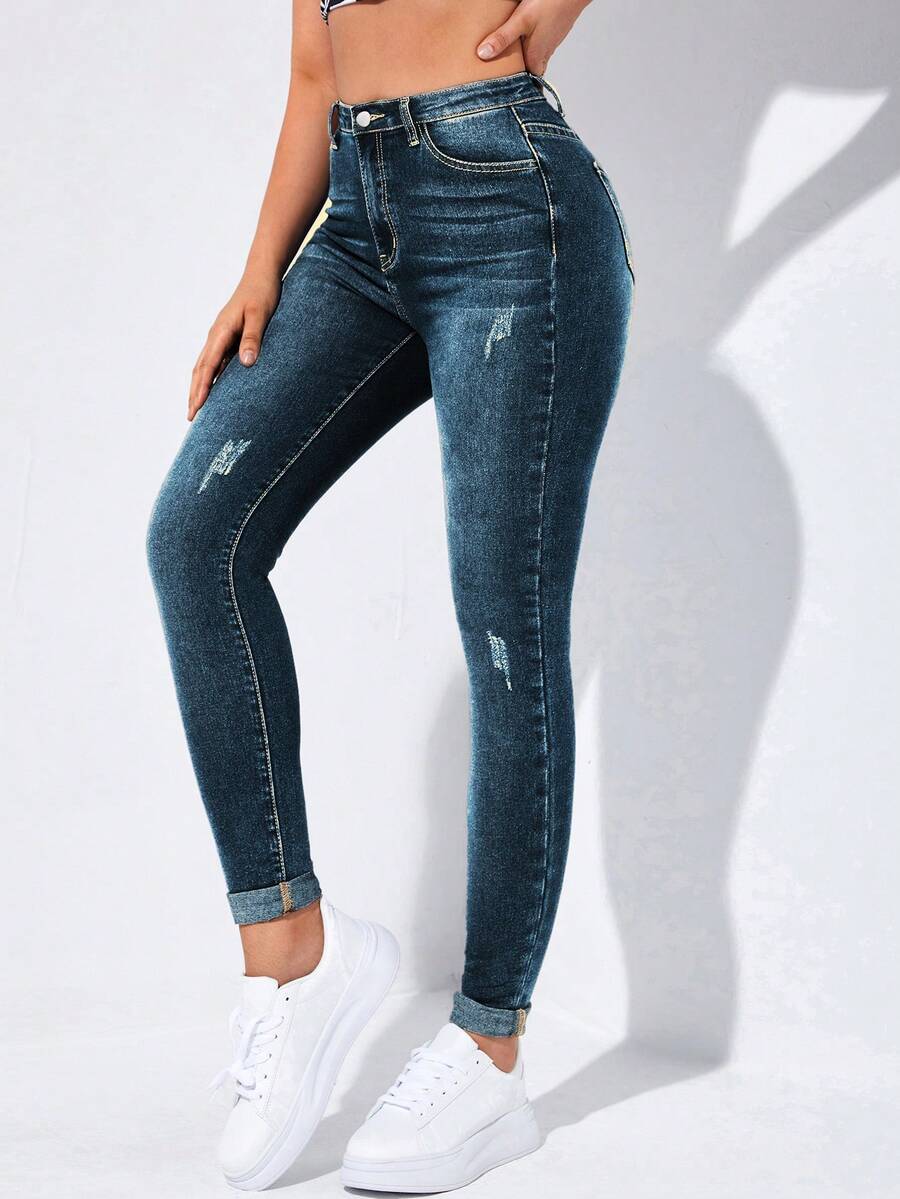Flexra High-Waisted Button-Embellished Skinny Stretch Distressed Y2K Jeans