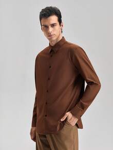 Officeau Men's Solid Color Long Sleeve Single-Breasted Casual Commuter Shirt, Basic Long Sleeve Business Shirt, Casual Business Formal Shirt, Fall Old Money Men's Dress Shirt Spring To Summer - Brown - View 6