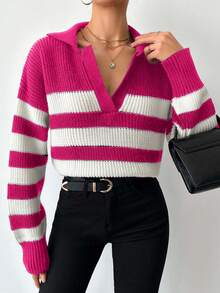 SHEIN Tall Striped Pattern Drop Shoulder Sweater, Tall Women - Hot Pink - View 1