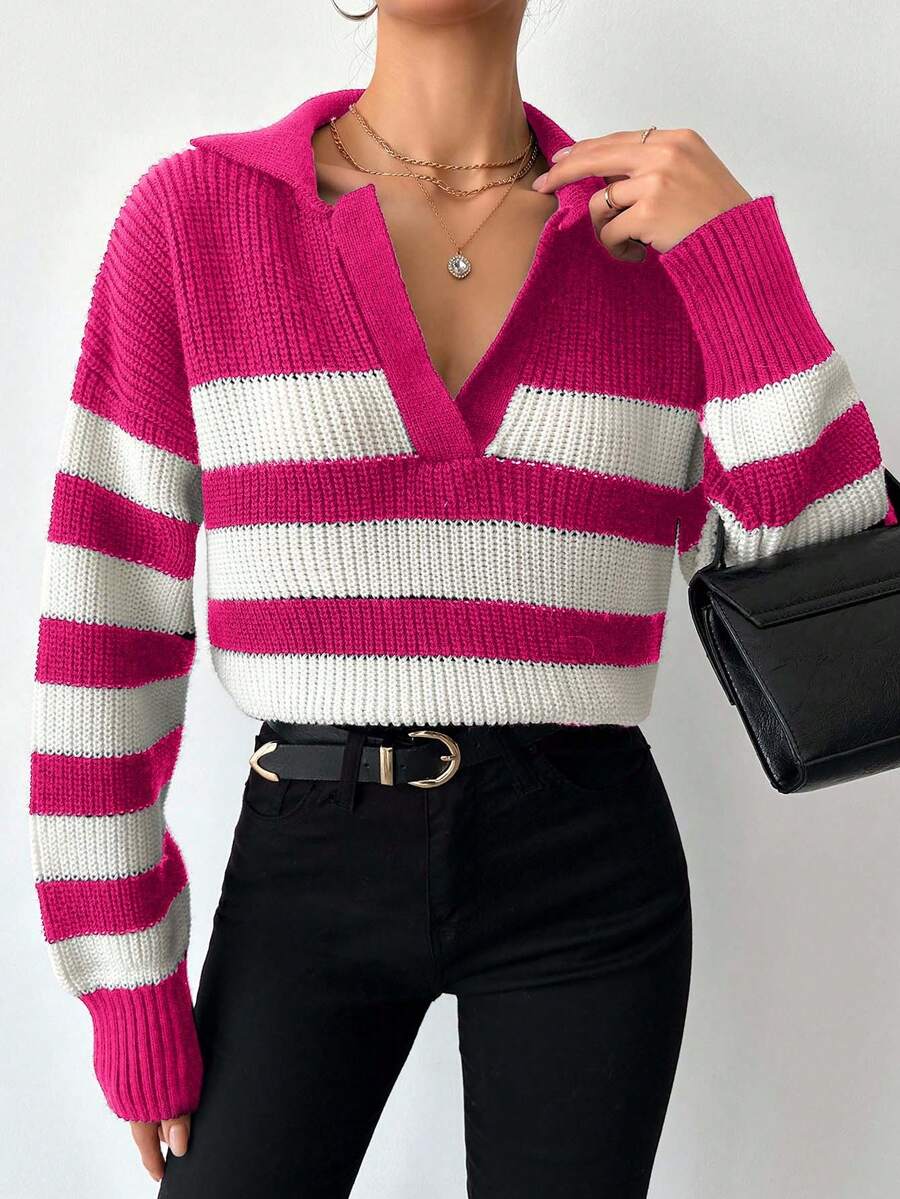 SHEIN Tall Striped Pattern Drop Shoulder Sweater, Tall Women - Hot Pink - View 1