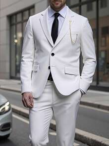 Calvornis Men's Simple Solid Color Jacket And Pants Suit, Party/Business Attire - White - View 8