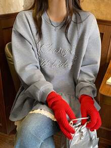 DAZY Sudadera casual con cuello redondo, decoración de perlas y forro térmico para mujer, para otoño/invierno - Gris - Ver 8