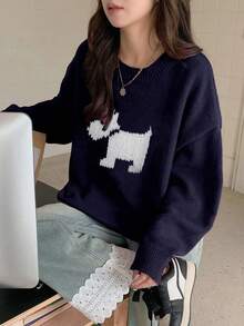 DAZY 女式宽松圆领蝴蝶结图案毛衣 - 藏蓝色 - 查看 5