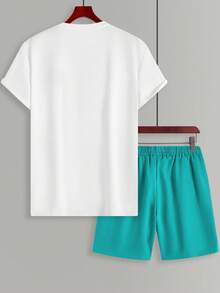 Manfinity Homme 男士字母印花圆领短袖休闲T恤+抽绳腰短裤两件套 男士两件套休闲短裤套装 男士休闲图形字母印花短袖T恤+短裤套装 - 彩色 - 查看 2