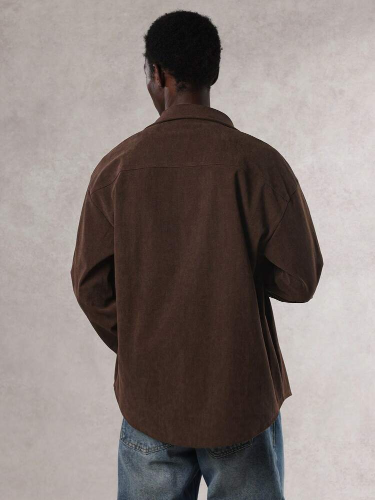 Men's Solid Color Corduroy Casual Shirt, Brown, Commuter Style, Autumn