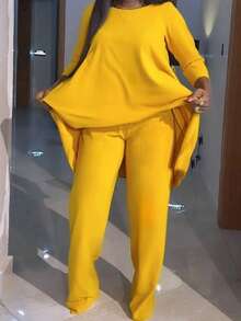 SHEIN Unity Plus Size Women's Asymmetrical Hem Long Sleeve T-Shirt And Pants Set - Yellow - View 5