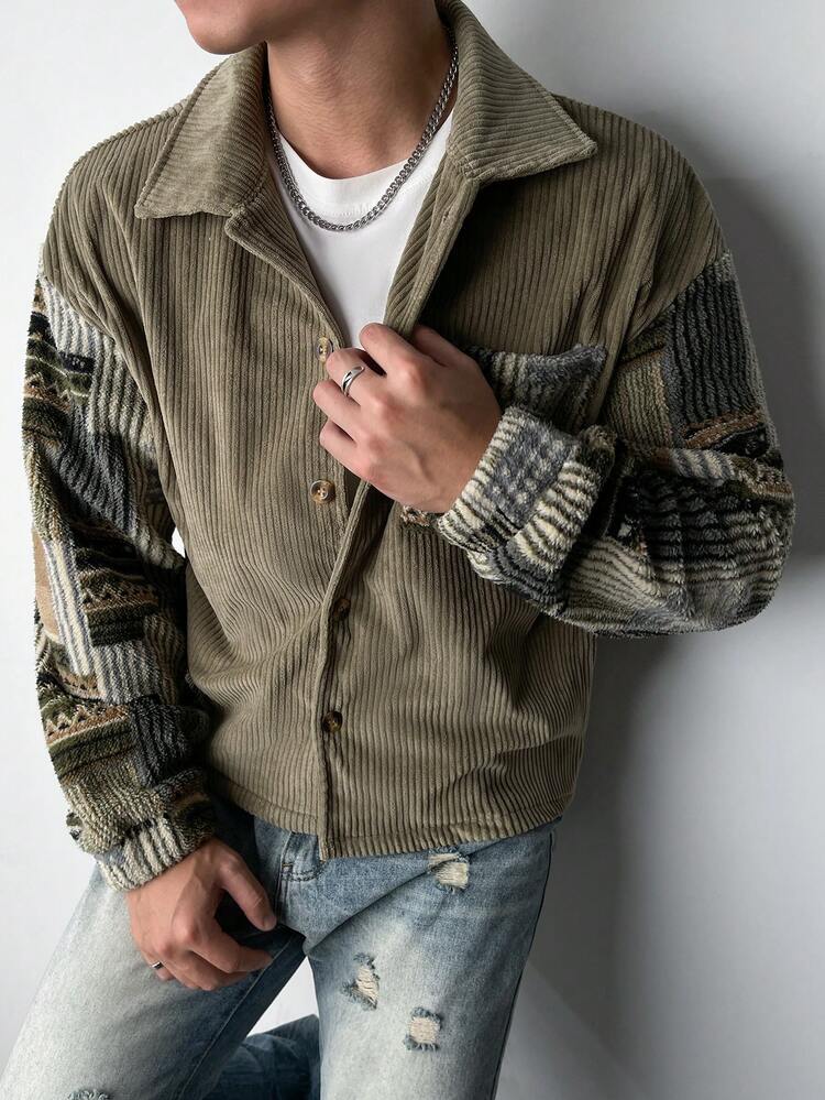 Manfinity Hypemode 男士休闲纽扣拼布长袖夹克 - 彩色 - 查看 6