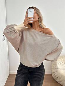 SHEIN LUNE Women's Light Beige Autumn Casual Everyday Loose Fit Brushed Oblique Shoulder Long Sleeve T-Shirt,Off The Shoulder Sweater Top Blouses - Khaki - View 5