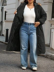 SHEIN Frenchy 大码女式长款羽绒服，休闲黑米色毛领时尚大码羽绒服，秋冬季百搭单品 - 黑色 - 查看 8