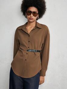 Lumivelle Women's Solid Color Drop Shoulder Long Sleeve Casual Shirt With Waist Buckle Design - Coffee Brown - View 5
