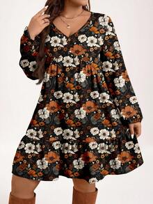 EMERY ROSE 大码复古花卉印花连衣裙，适合秋冬季 - 彩色 - 查看 4