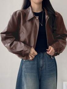 DAZY 女士纯色PU皮革长袖拉链休闲外套，秋季女式外套 - 紅木色 - 查看 3