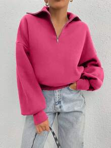 EURMUSE 100% Cotton Collar With Zipper Pattern Oversize Sweatshirt - Pink - View 4