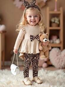 SHEIN 2 件套女婴可爱针织长袖蝴蝶结装饰上衣和豹纹裤子套装，休闲 - 彩色 - 查看 1